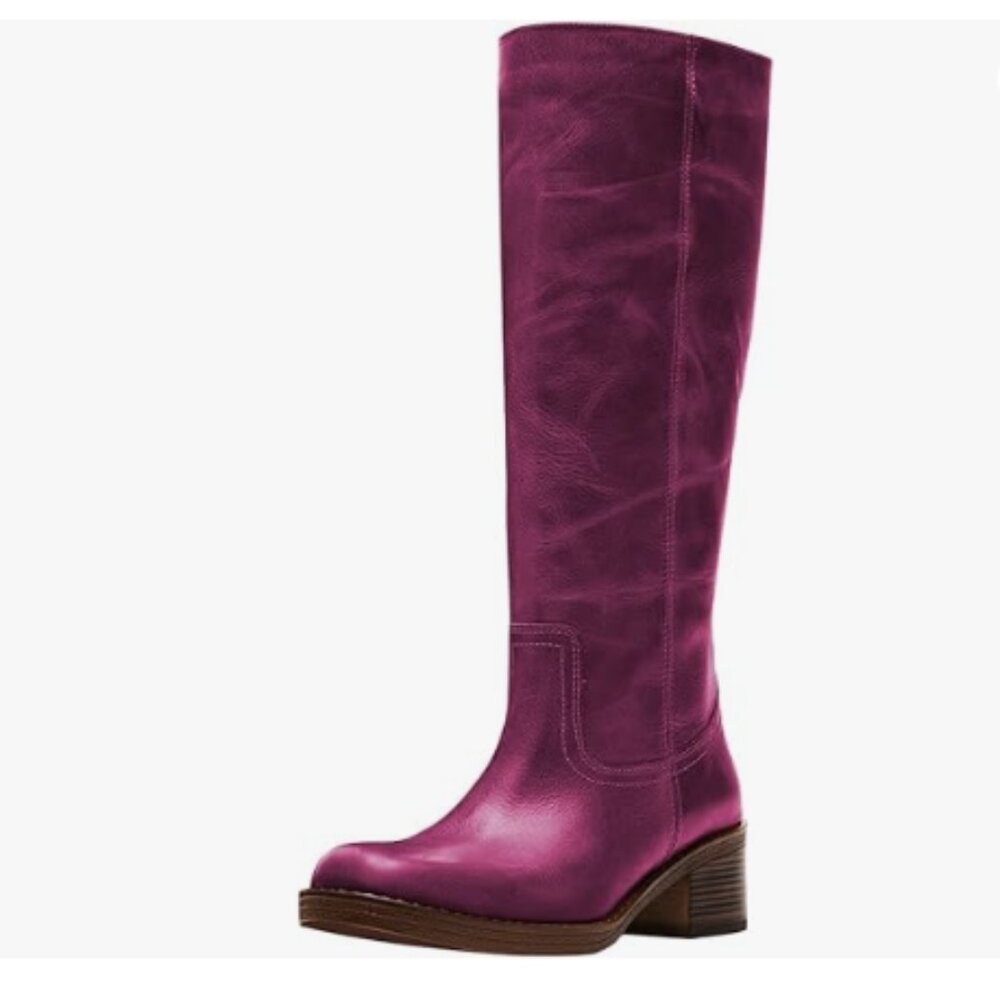 FOWT Women Platform Round Toe Calf High Boots Chunky Block Low Heel Purple Boots